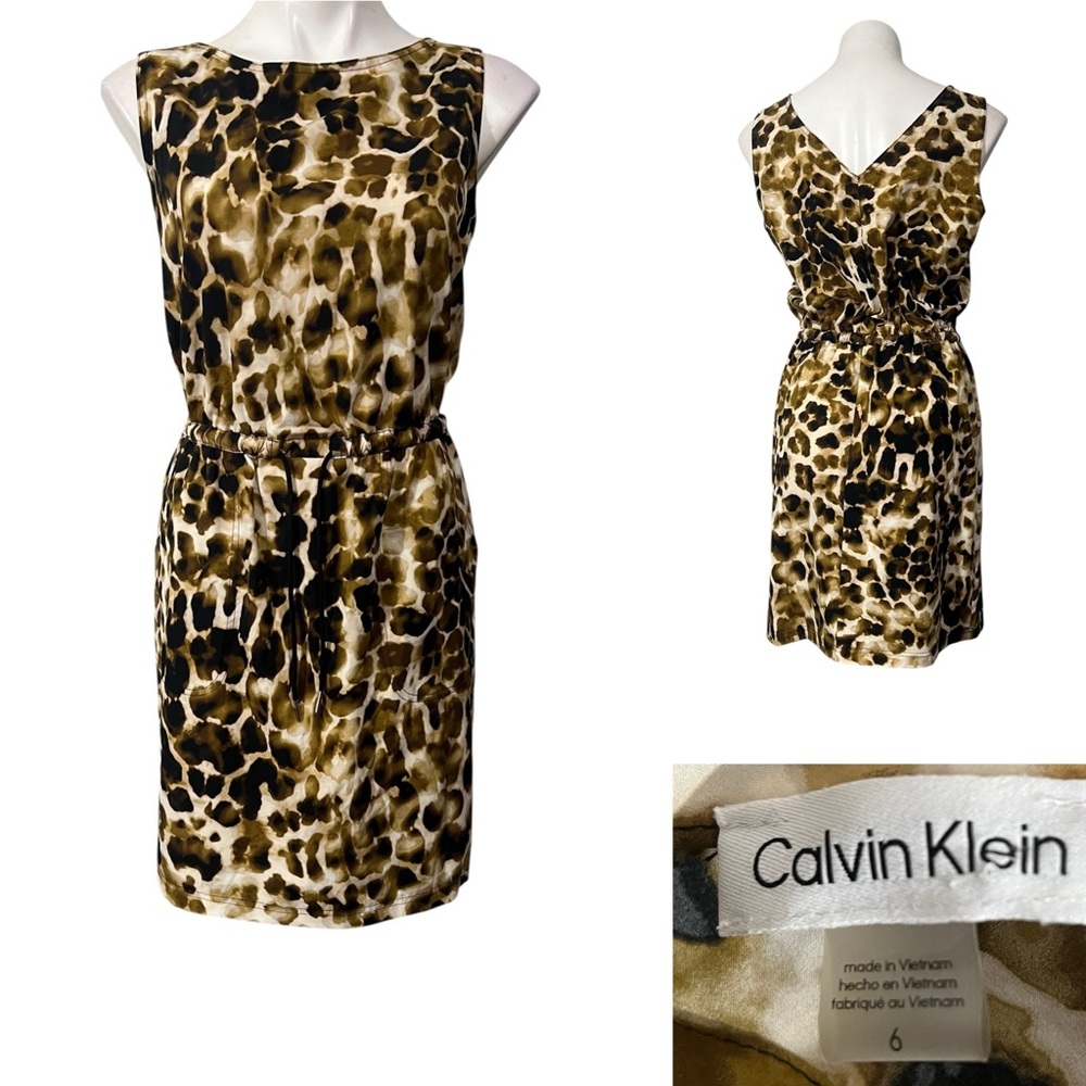 Calvin Klein dress sz 6 Brown animal Print Sleeveless knee length w/ pockets